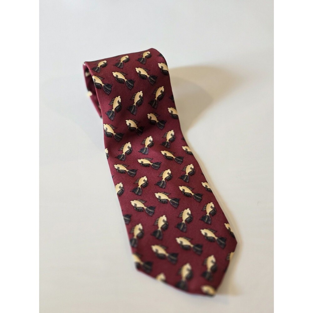 J. Garcia 100% Silk Necktie | Burgundy Koi Goldfish Novelty Print | Hand Sewn...